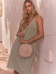 Khaki Green/White Button Down 100% Cotton Cami Summer Dress - Image 6 of 8
