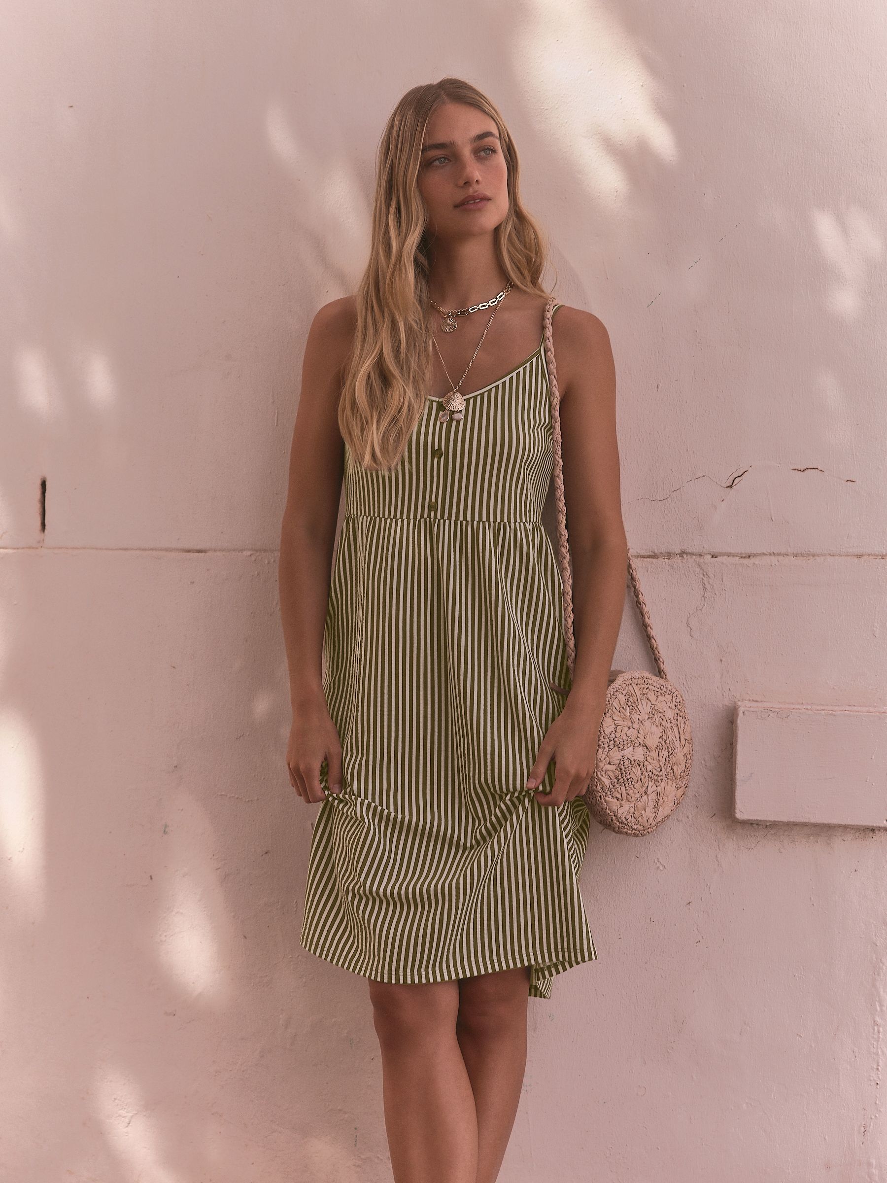 Next Khaki Green White Button Down 100 Cotton Cami Summer Dress