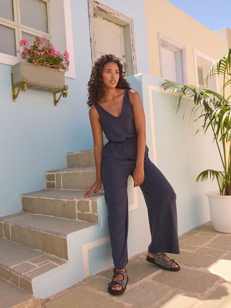 Navy Jersey Wide Leg V-Neck Sleeveless Jumpsuit - Image 1 of 7
