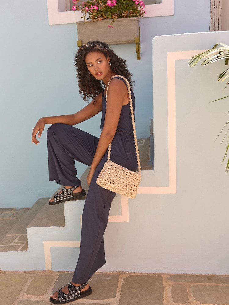 Navy Jersey Wide Leg V-Neck Sleeveless Jumpsuit - Image 2 of 7