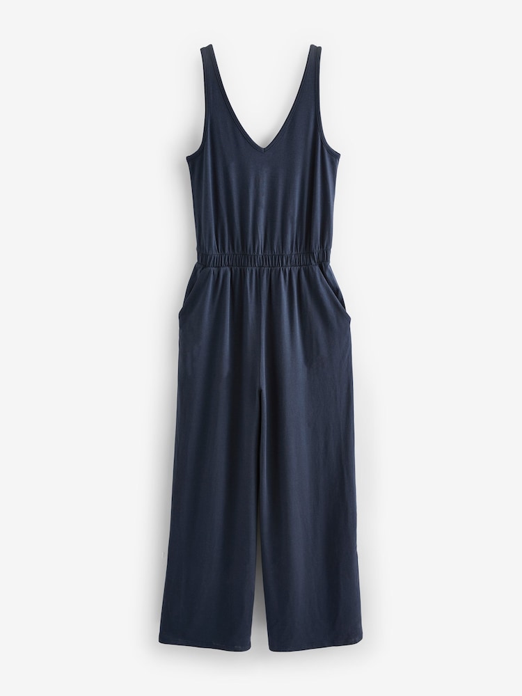 Navy Jersey Wide Leg V-Neck Sleeveless Jumpsuit - Image 6 of 7
