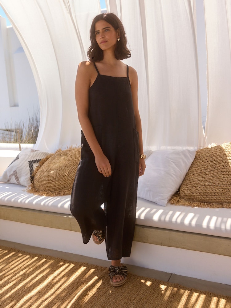 Black Premium 100% Linen Romper Wide Leg Jumpsuit - Image 1 of 7