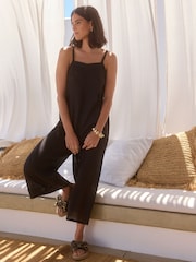 Black Premium 100% Linen Romper Wide Leg Jumpsuit - Image 2 of 7