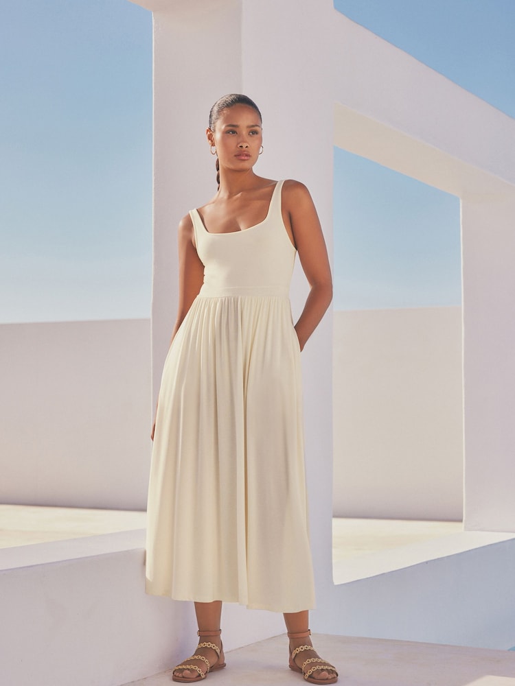 Cream Jersey Waisted Summer Dress - Image 1 of 6