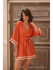 Brown/Orange Wrap Rik Rak Belted Playsuit - Image 1 of 3