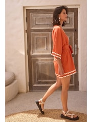 Brown/Orange Wrap Rik Rak Belted Playsuit - Image 2 of 3