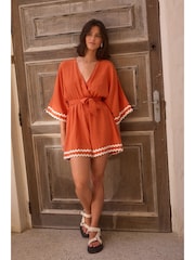 Brown/Orange Wrap Rik Rak Belted Playsuit - Image 3 of 3