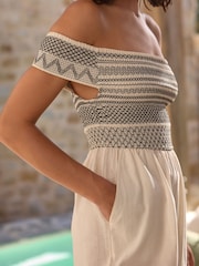 Ecru Off Shoulder Shirred Jumpsuit - Image 5 of 7