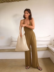 Khaki Green Jersey Crochet Detail Jersey Wide Leg Jumpsuit - Image 2 of 7