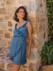 Navy Aztec Mini Wrap Dress - Image 2 of 12