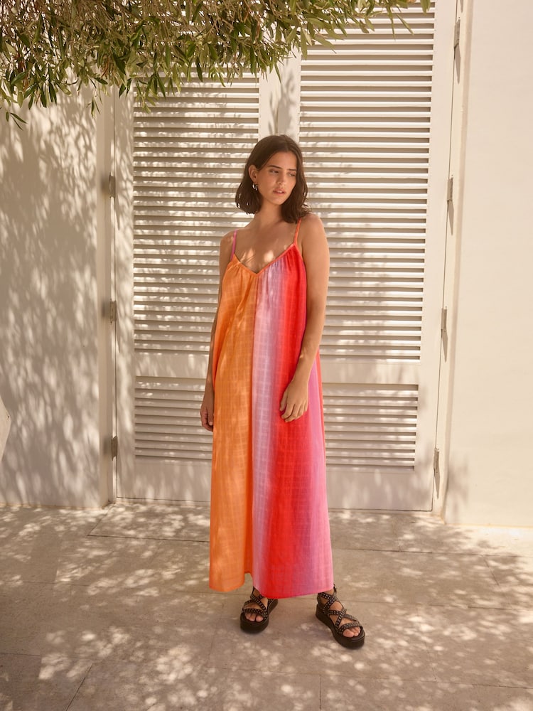 Orange/Pink mit Farbverlauf - Strukturiertes, voluminöses Maxi-Sommerkleid - Bild 2 von 8
