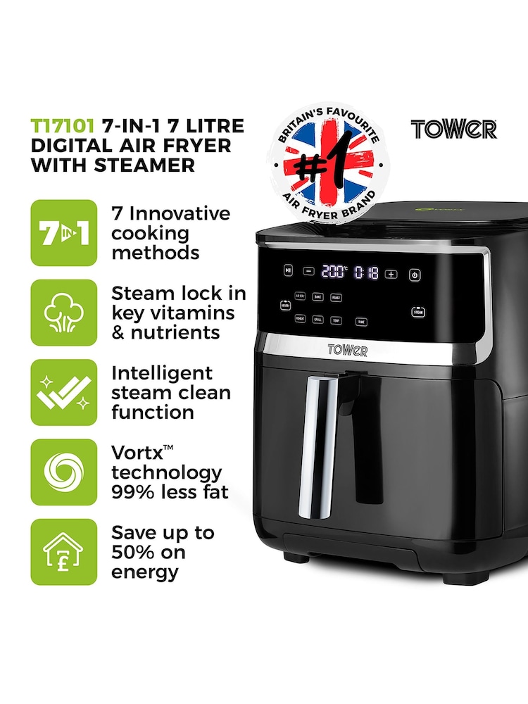 Tower Black Vortx 7L Steam Air Fryer 1700W - Image 2 of 8