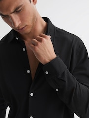 Reiss Black Bosa Textured Button-Through Shirt - Image 1 of 4