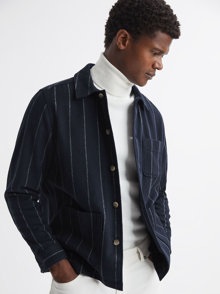 Reiss Navy Anzalone Brushed Striped Overshirt - Image 1 of 5