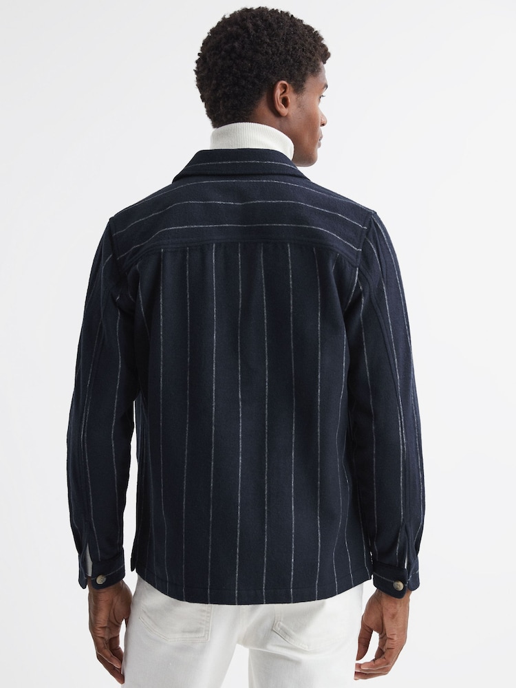 Reiss Navy Anzalone Brushed Striped Overshirt - Image 5 of 5