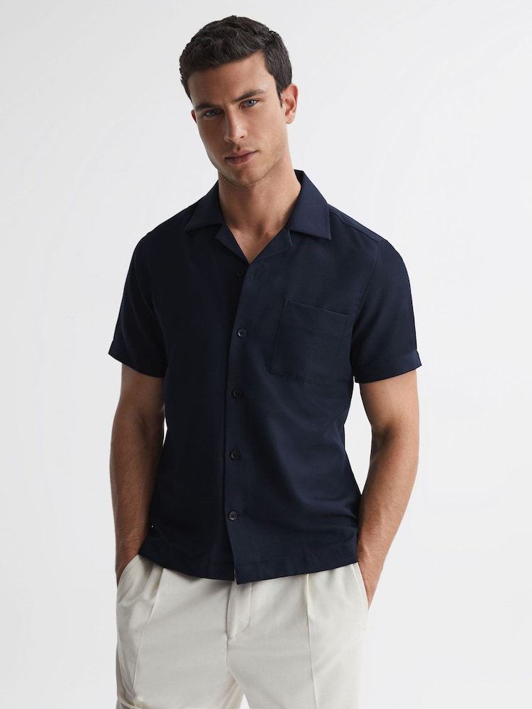Reiss Navy Tokyo Cuban Collar Button-Through Shirt - Image 1 of 4