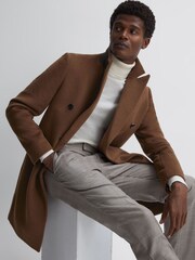 Reiss Tobacco Timpano Wool Blend Double Breasted Epsom Coat - Image 4 of 6