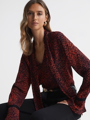Reiss Red Phillipa Animal Print Neck Tie Blouse - Image 1 of 4