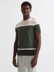 Reiss Green Multi Cannon Mercerised Cotton Colourblock T-Shirt - Image 1 of 4