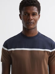Reiss Camel/Navy Cannon Mercerised Cotton Colourblock T-Shirt - Image 1 of 4