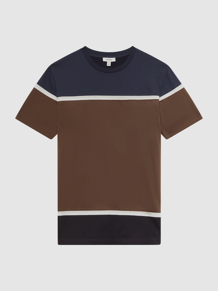 Reiss Camel/Navy Cannon Mercerised Cotton Colourblock T-Shirt - Image 2 of 4