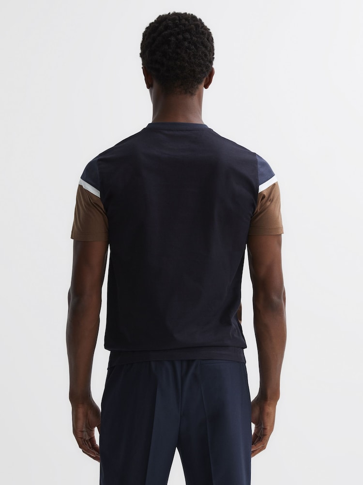 Reiss Camel/Navy Cannon Mercerised Cotton Colourblock T-Shirt - Image 4 of 4