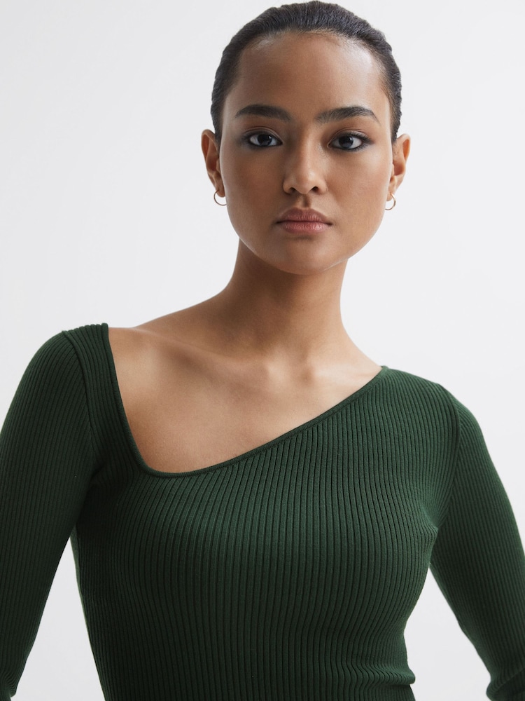 Reiss Green Sasha Fitted Ribbed Asymmetric Neck T-Shirt - Image 1 of 4