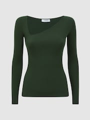 Reiss Green Sasha Fitted Ribbed Asymmetric Neck T-Shirt - Image 2 of 4