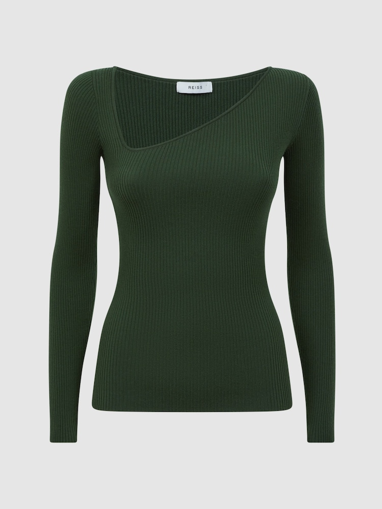 Reiss Green Sasha Fitted Ribbed Asymmetric Neck T-Shirt - Image 2 of 4