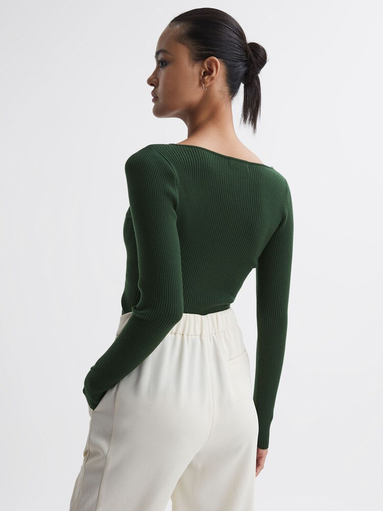 Reiss Green Sasha Fitted Ribbed Asymmetric Neck T-Shirt - Image 4 of 4