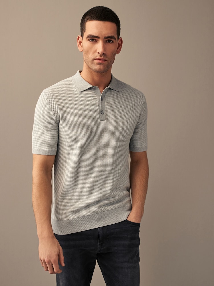 Grey Regular Fit Knitted Waffle Textured 100% Cotton Polo Shirt - Image 1 of 7