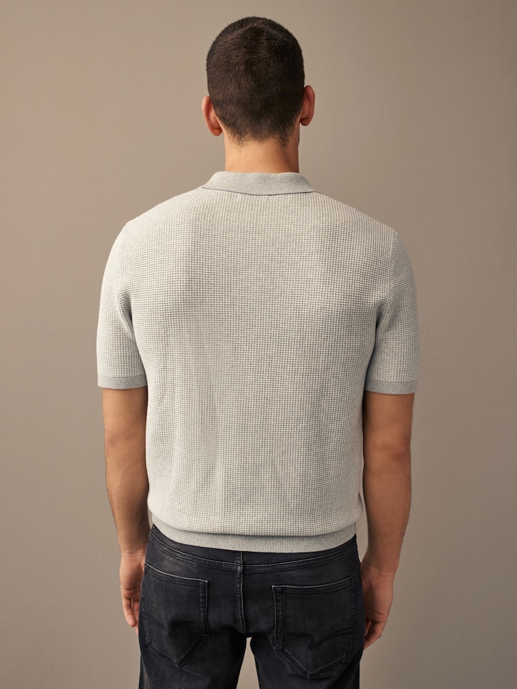 Grey Regular Fit Knitted Waffle Textured 100% Cotton Polo Shirt - Image 2 of 7