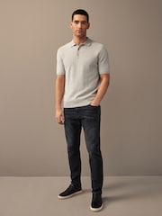 Grey Regular Fit Knitted Waffle Textured 100% Cotton Polo Shirt - Image 3 of 7