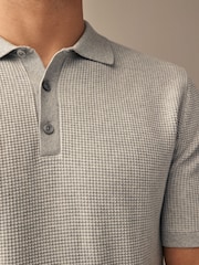 Grey Regular Fit Knitted Waffle Textured 100% Cotton Polo Shirt - Image 4 of 7