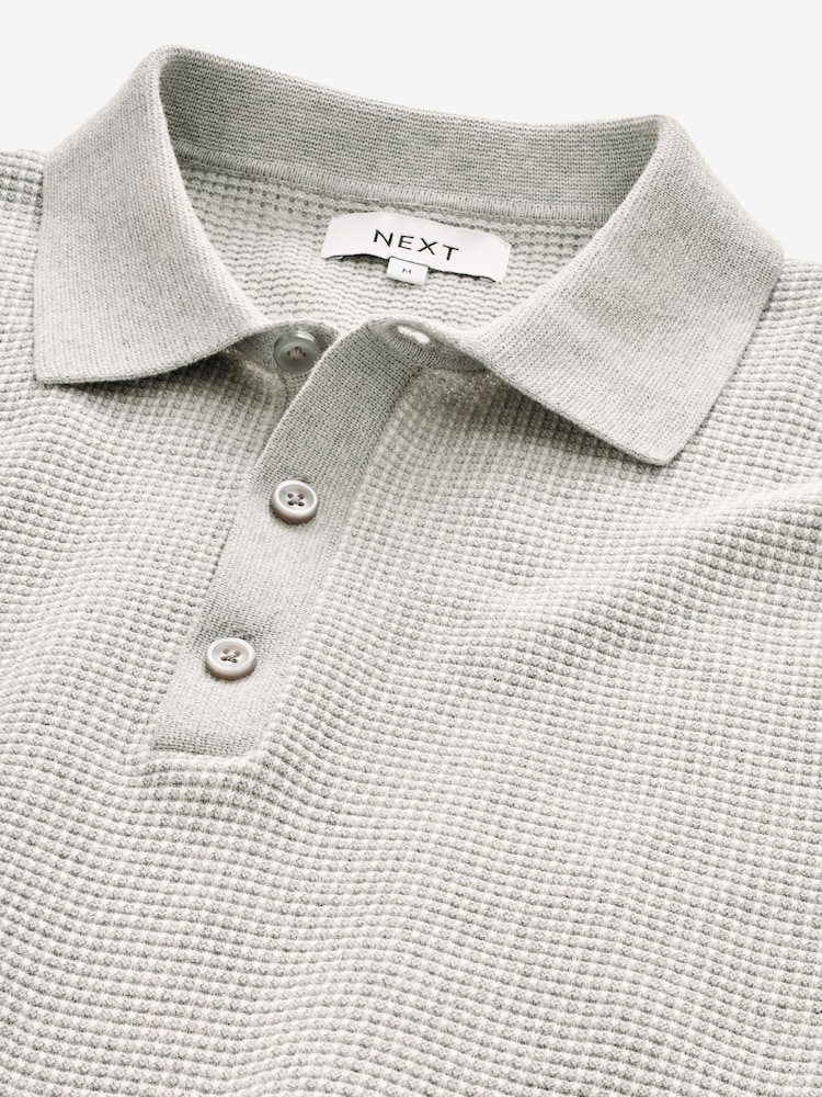Grey Regular Fit Knitted Waffle Textured 100% Cotton Polo Shirt - Image 7 of 7