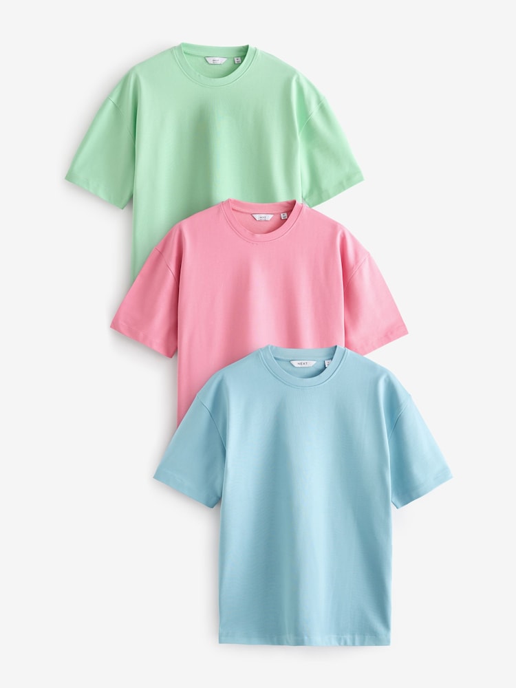Blue/Pink/Mint Green Relaxed Fit Heavuweight 100% Cotton T-Shirts 3 Pack - Image 1 of 12