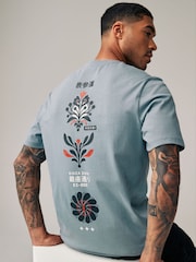 Blue Relaxed Fit 100% Cotton Japanese Back Print Graphic T-Shirt - Image 1 of 8
