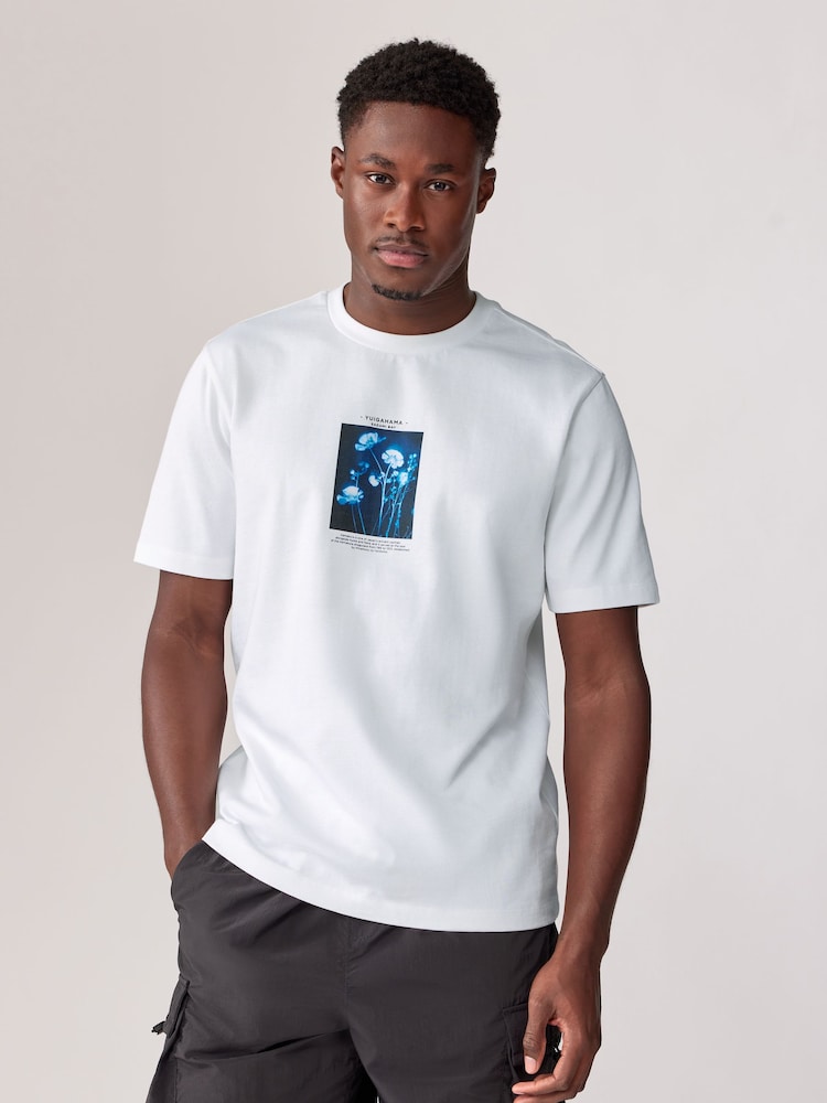 White/Blue Floral Heavyweight Graphic Print 100% Cotton T-Shirt - Image 1 of 7