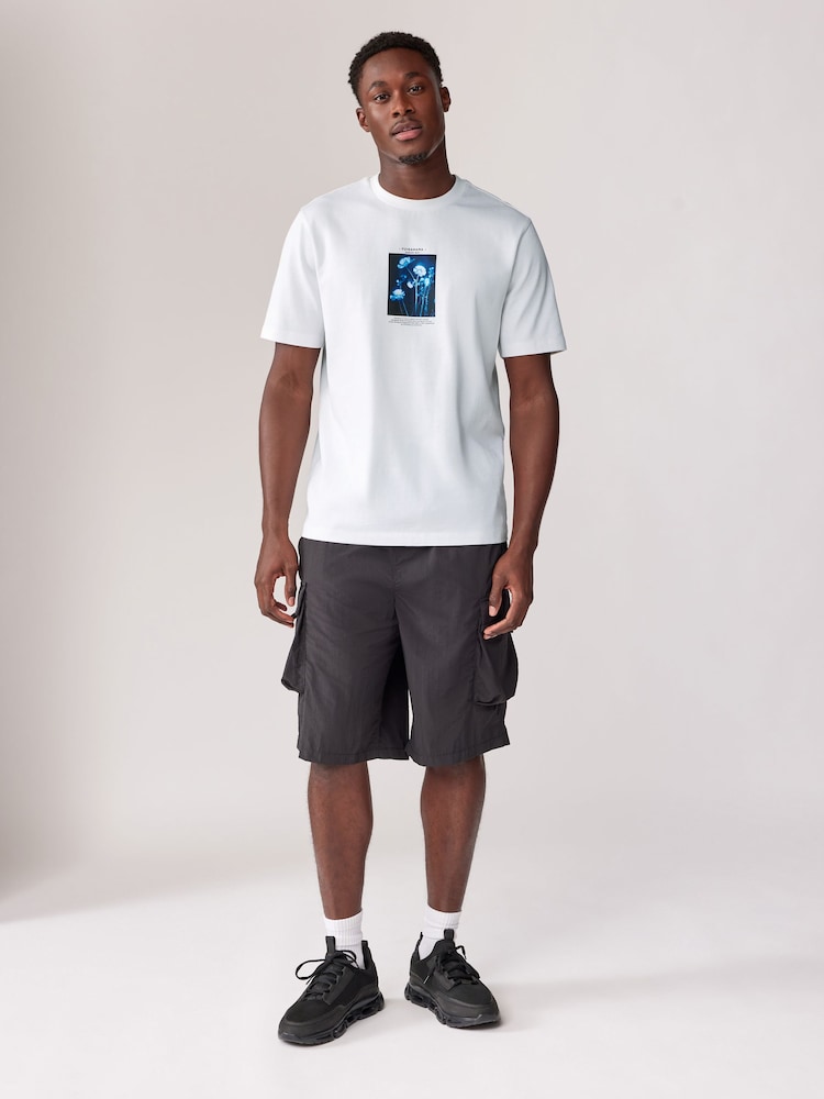 White/Blue Floral Heavyweight Graphic Print 100% Cotton T-Shirt - Image 2 of 7