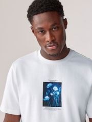 White/Blue Floral Heavyweight Graphic Print 100% Cotton T-Shirt - Image 4 of 7