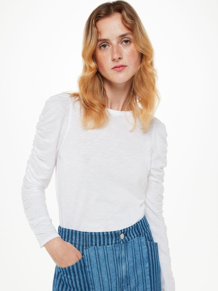 Whistles White Ruched Sleeve 100% Cotton Top - Image 1 of 5