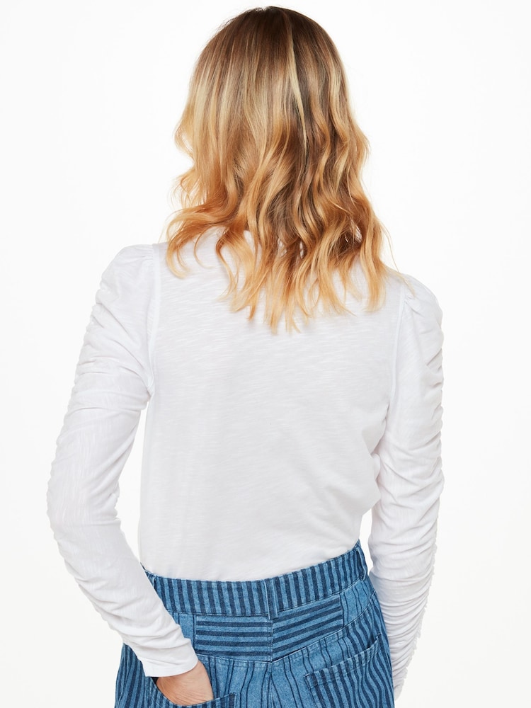 Whistles White Ruched Sleeve 100% Cotton Top - Image 2 of 5