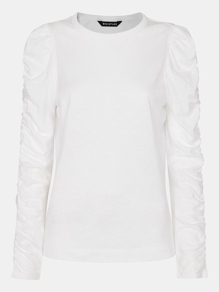 Whistles White Ruched Sleeve 100% Cotton Top - Image 5 of 5