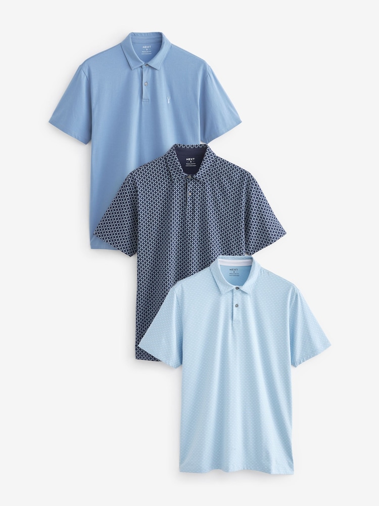 Blue Geo Print Regular Fit Short Sleeve Jersey Polo Shirts 3 Pack - Image 1 of 12