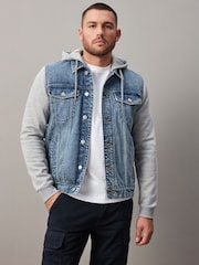 Blue Denim Jacket With Jersey Sleeve And Hood - Image 1 of 10