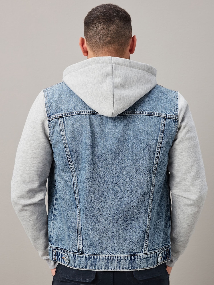 Blue Denim Jacket With Jersey Sleeve And Hood - Image 3 of 10