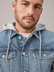Blue Denim Jacket With Jersey Sleeve And Hood - Image 4 of 10