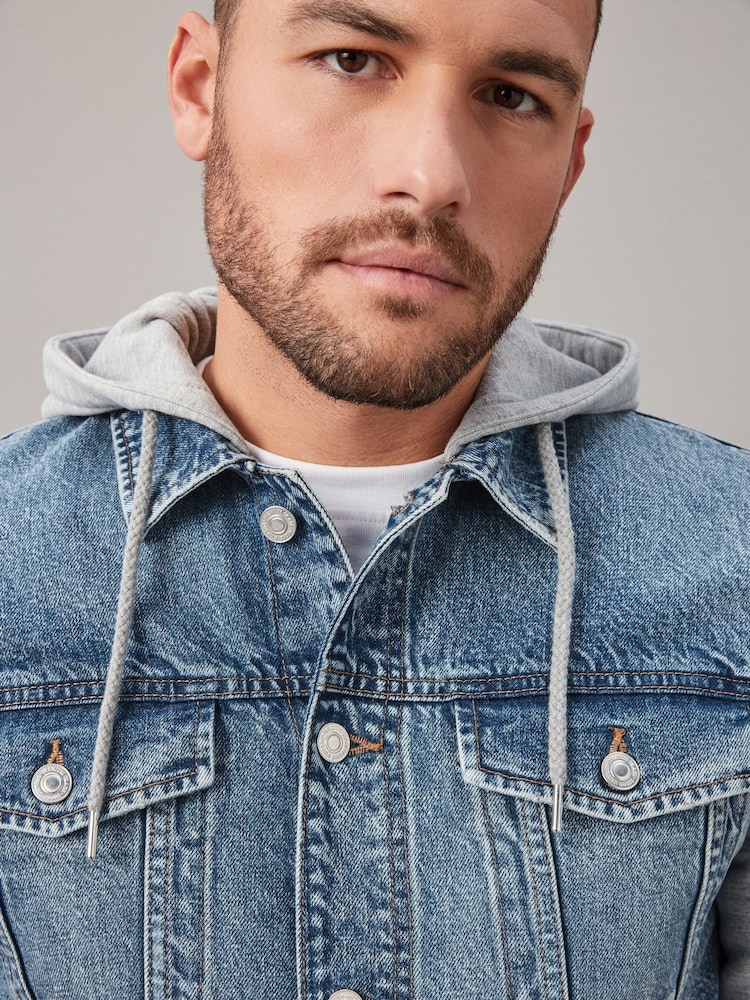Blue Denim Jacket With Jersey Sleeve And Hood - Image 4 of 10