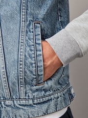 Blue Denim Jacket With Jersey Sleeve And Hood - Image 5 of 10