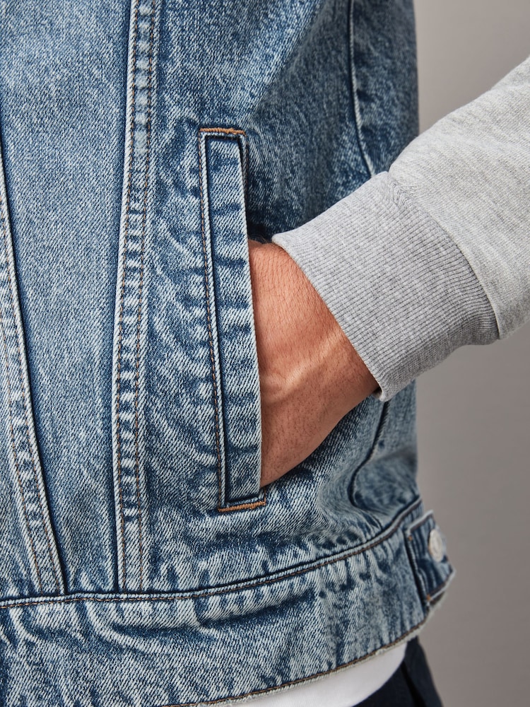 Blue Denim Jacket With Jersey Sleeve And Hood - Image 5 of 10